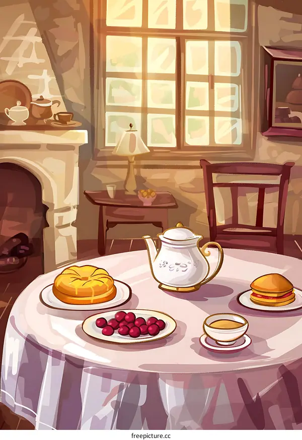 Cozy Living Room with Tea Set and Sunbeams Illustration