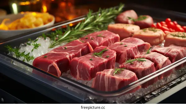 A variety of raw meats on ice with rosemary and tomatoes