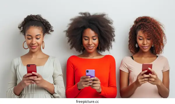 Three young African American women using their smartphones