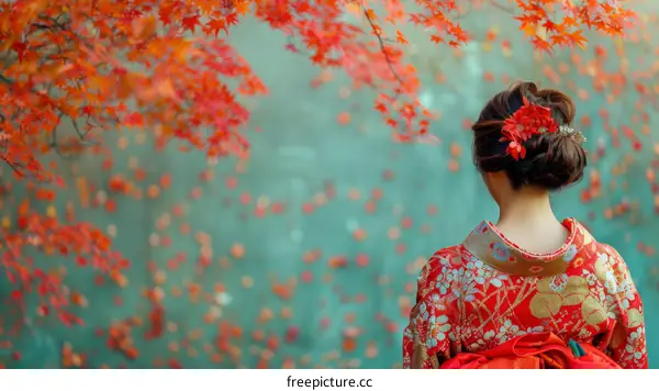 A woman in a kimono standing in a field of red maple leaves.