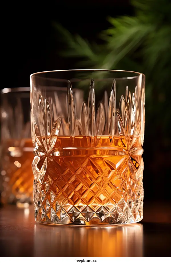 Crystal Whisky Glass with Amber Liquid on Wood