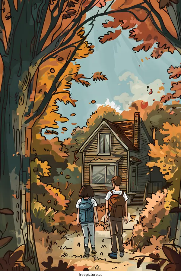 Two People Walking Towards a House in the Woods