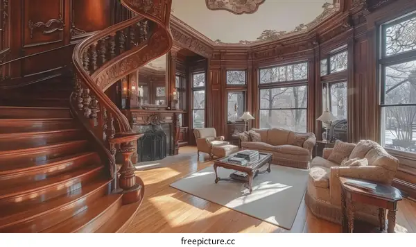 ornate interior of a mansion with a grand staircase and bay windows