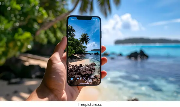 Hand Holding Phone with Tropical Beach Photo