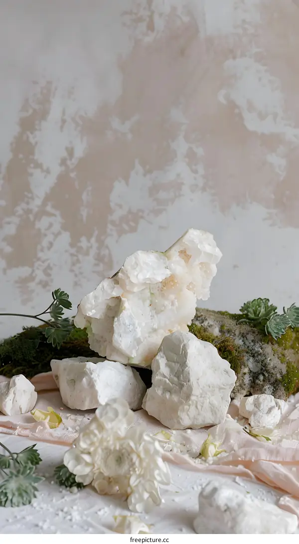 White Crystal On Pink Fabric With Green Moss