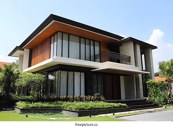 Modern House with Large Windows and Stone Walls