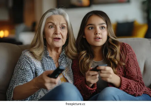Grandmother and Granddaughter Watching TV