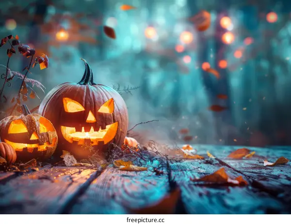 Two Halloween pumpkins with scary faces carved in a spooky forest at night