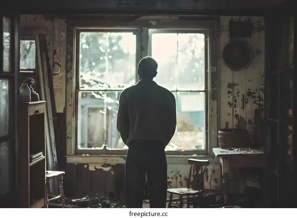 A man standing in a ruined house, looking out the window