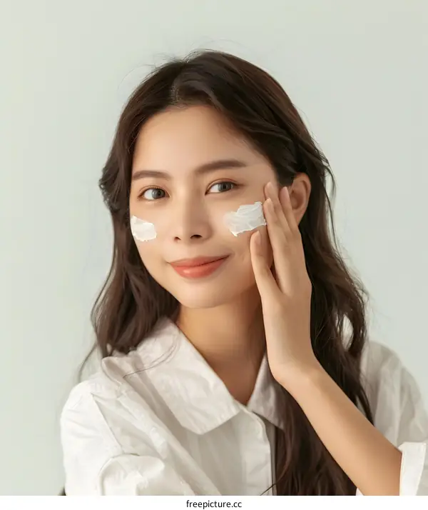 Young Asian Woman Applying Facial Cream