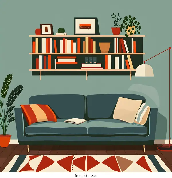 Living Room Interior Design with Blue Sofa and Bookshelf