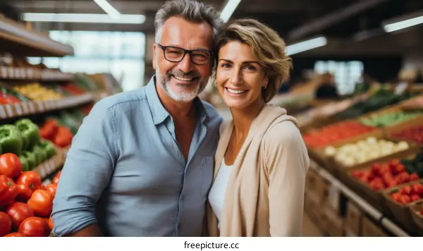 Happy couple shopping for groceries in a supermarket