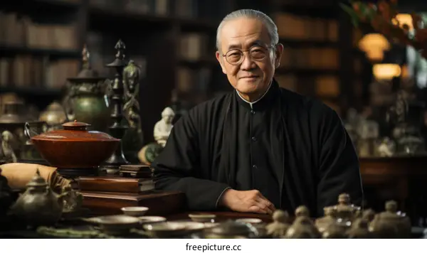 Portrait of a smiling elderly Chinese man in traditional clothing sitting at a desk in a room full of antique Chinese artifacts