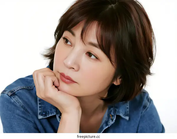 Thoughtful woman with short hair resting chin on hand