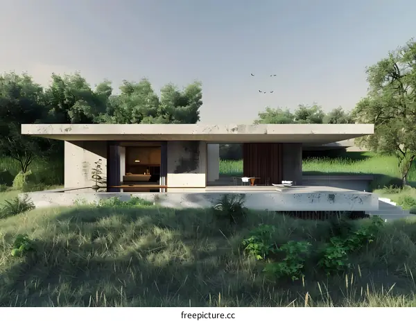 Minimalist Concrete House with Grassy Landscape