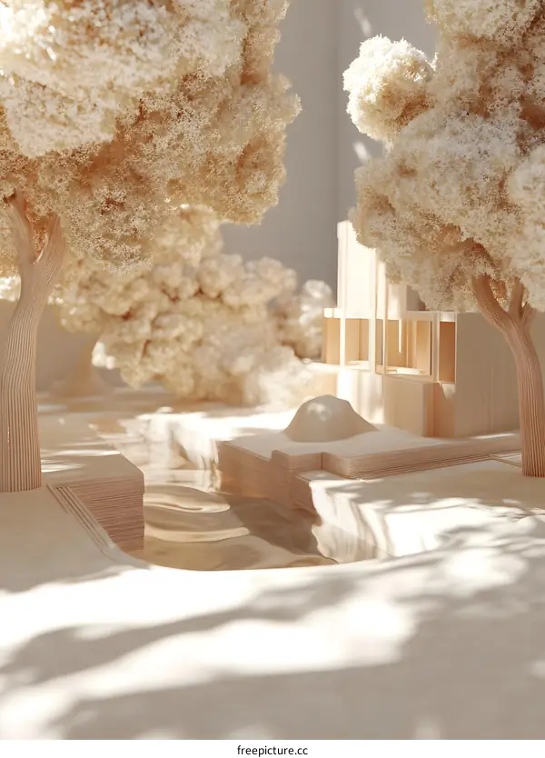 Minimalist Wooden Model of a House With Trees and a Pond