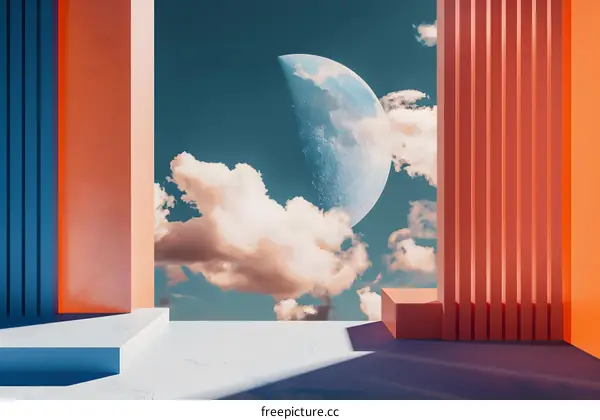Abstract Minimalist 3D Illustration of a Moon and Clouds in the Sky with a Geometric Building in the Foreground