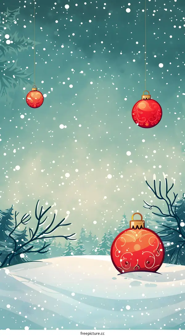 Christmas ornaments hanging in a snowy forest