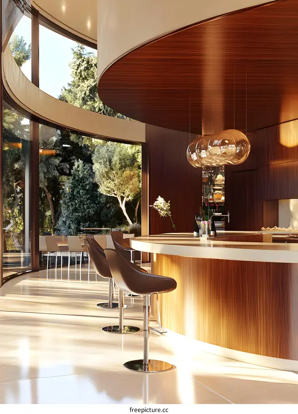 Modern Kitchen Design With Curved Countertop And Bar Stools