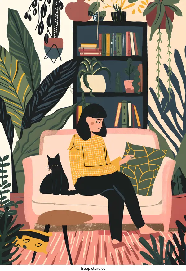 Woman Sitting on a Sofa Surrounded by Plants and Books