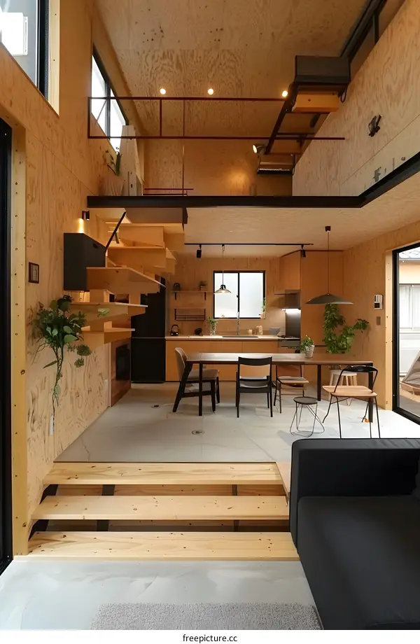 Modern Wooden House Interior Design With Loft And Staircase