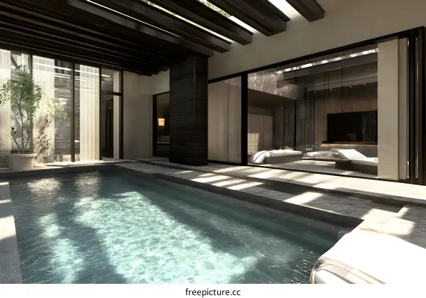 Modern Minimalist Swimming Pool Design with Glass Walls and Wooden Beams