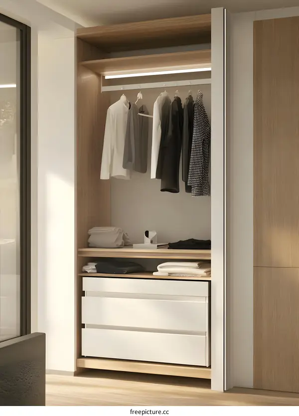 Modern Minimalist Closet Design with Wooden Accents