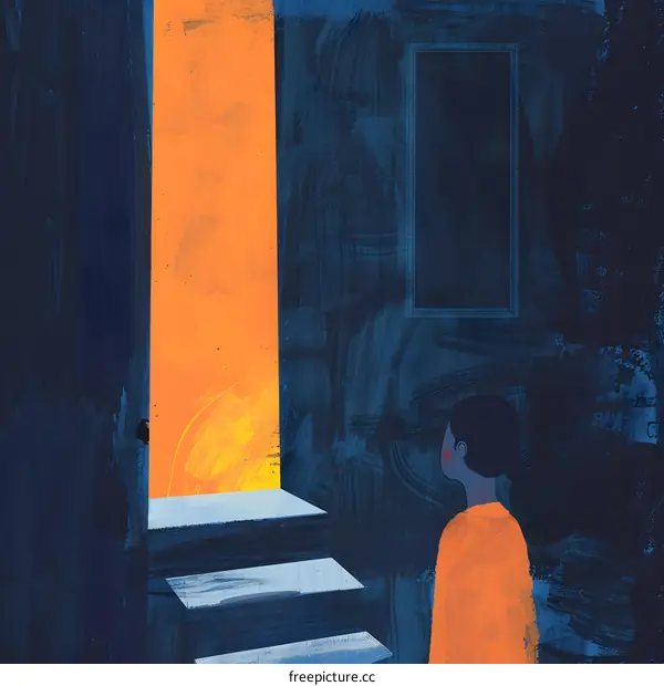Woman Looking at Open Door with Orange Light