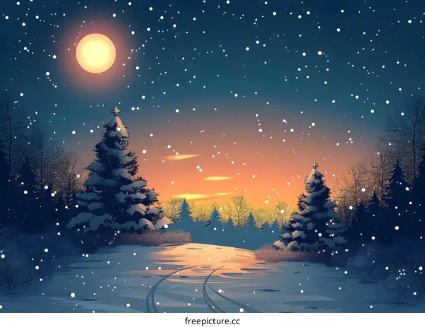 Snowy road in the middle of a forest with snow-covered trees and a full moon in the background