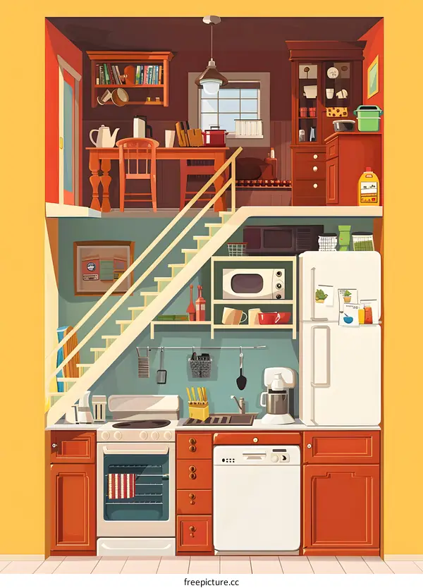 Kitchen Illustration With Stairs and Appliances