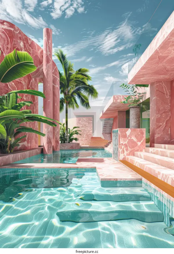 Pink surreal villa with pool