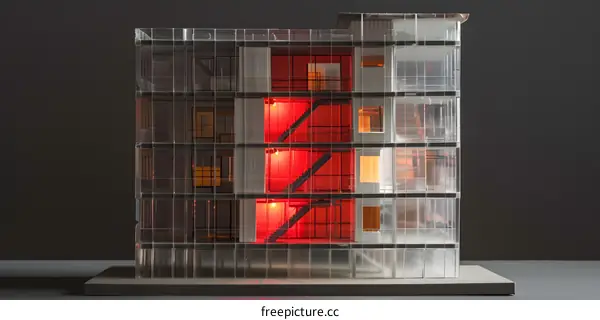 Modern Building Architecture Model with Illuminated Stairwell
