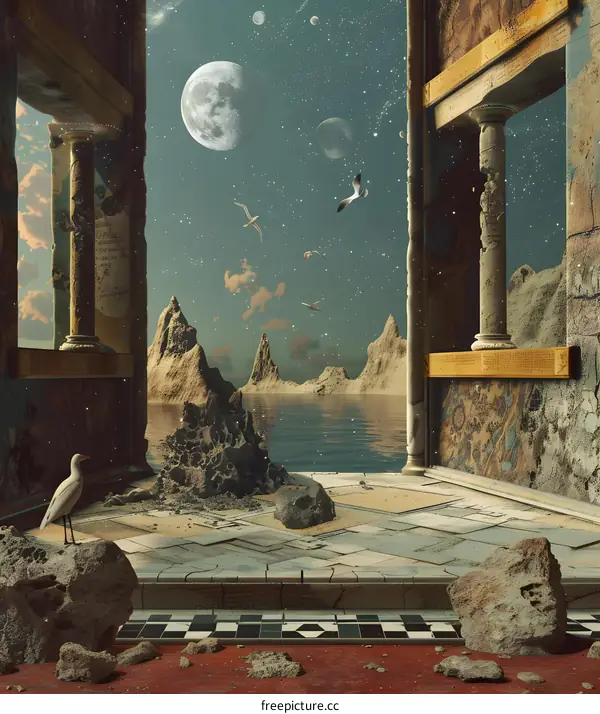 Surreal Landscape with Ancient Ruins and Moons