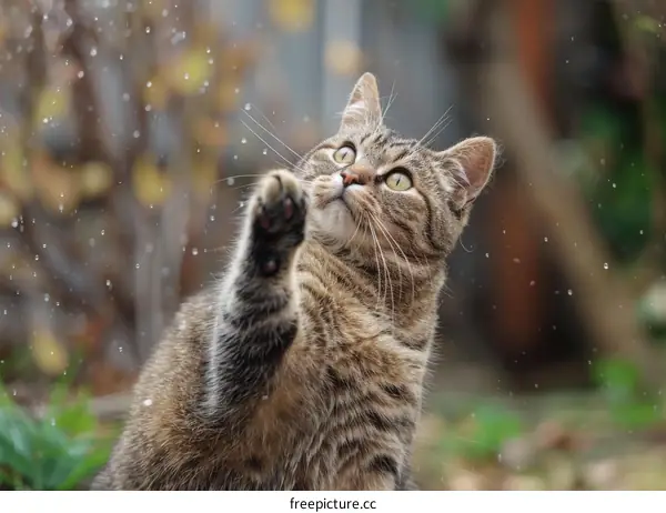 A curious cat looks up at the rain