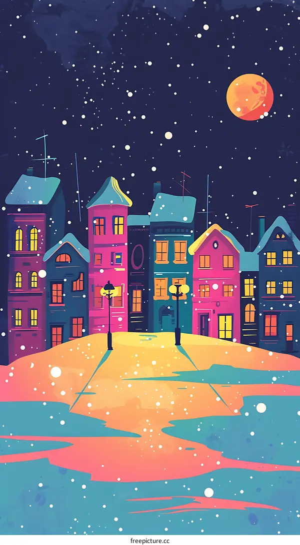 Snowy Night Town with Colorful Houses and Moon