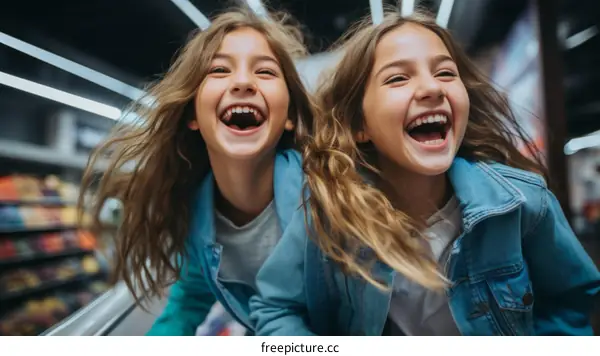 Two happy little girls having fun in a shopping mall