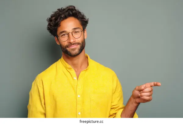 Portrait of a Man in a Yellow Shirt Pointing