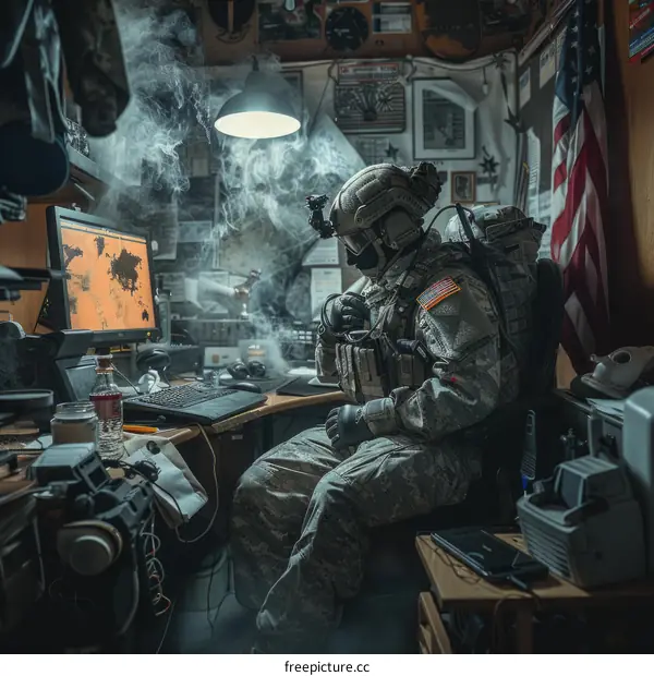 Soldier sitting at a computer desk in a dark room