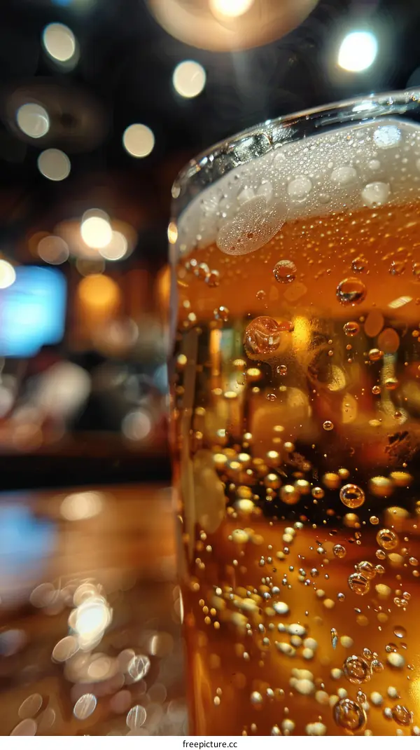 Close-up of a Refreshing Glass of Beer with Bubbles and Foam