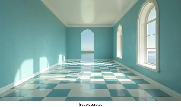 turquoise room with large arched windows and a checkered floor