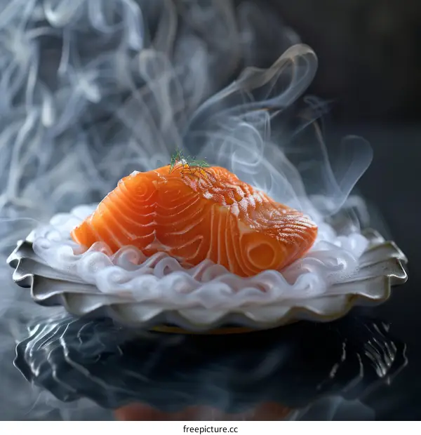 Close-up of a Raw Salmon Fillet on a Plate with Smoke