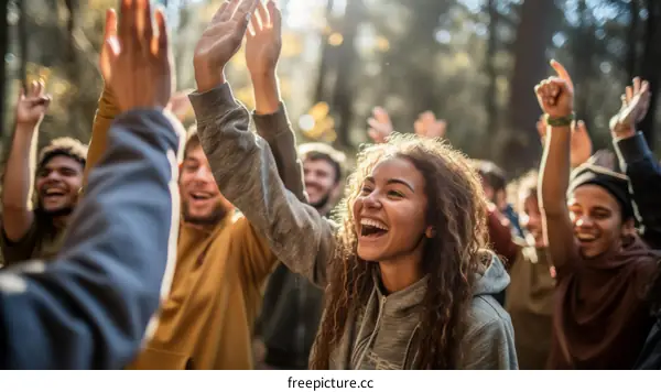 Group of diverse friends in nature celebrating and expressing happiness with hands raised