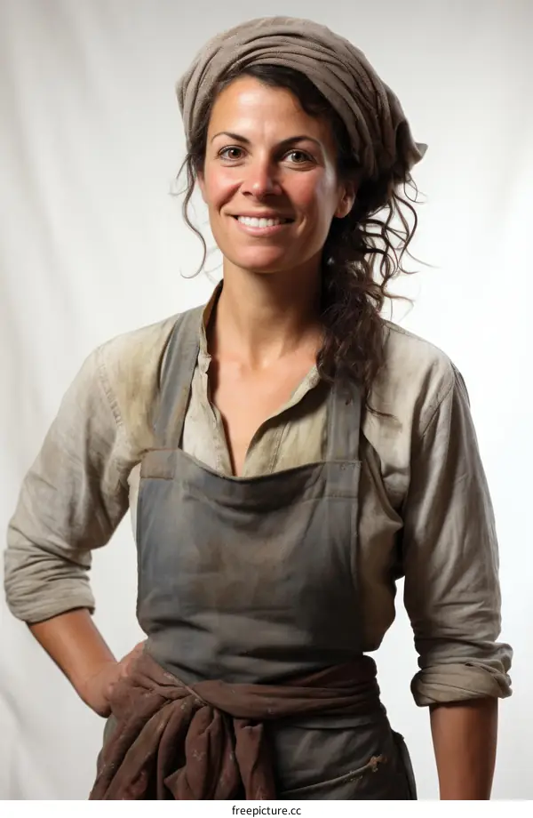 Smiling woman wearing a brown apron and a white headscarf