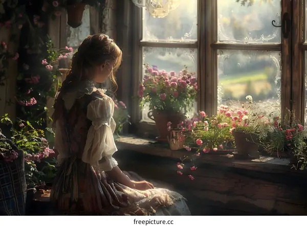 Girl sitting on a bench in front of a window looking at flowers
