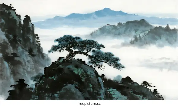 Misty Mountain Peak with Lone Pine Tree in Traditional Chinese Painting Style