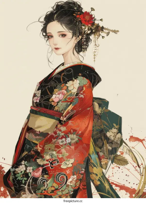 An illustration of a beautiful woman in a kimono with red and white flowers in her hair and a red and white fan in her hand