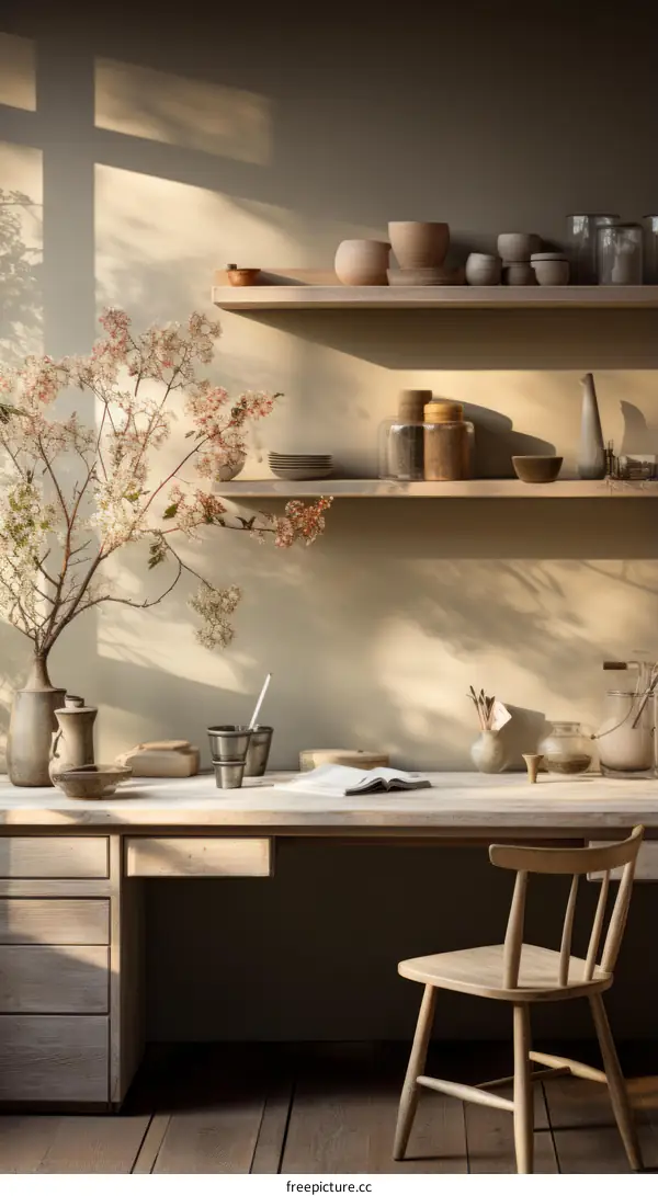 A ceramicist's studio with a large wooden desk, shelves filled with pottery, and a vase of cherry blossoms.