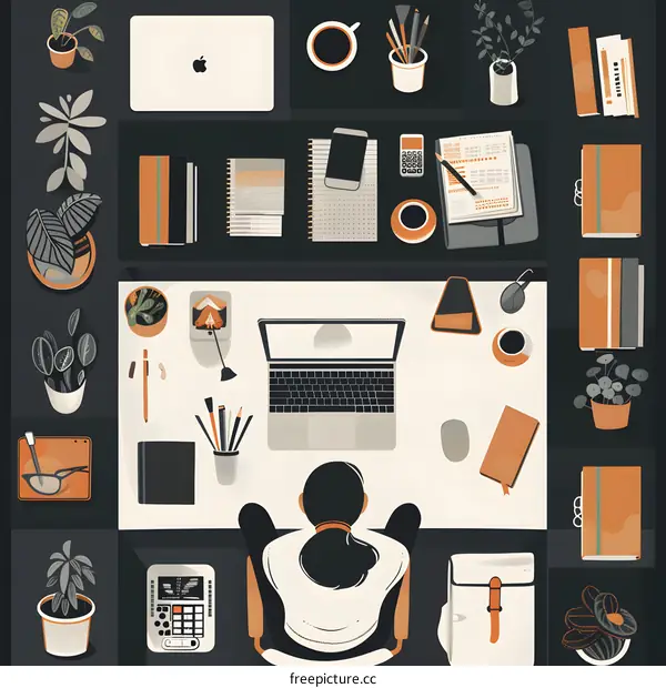 Top View of a Person Working at a Desk with a Laptop and Other Office Supplies