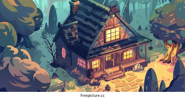 Cozy Cottage in the Woods at Night