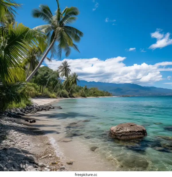 The beach is beautiful and clean, with white sand and crystal clear water. The palm trees are tall and green, and the sun is shining brightly.